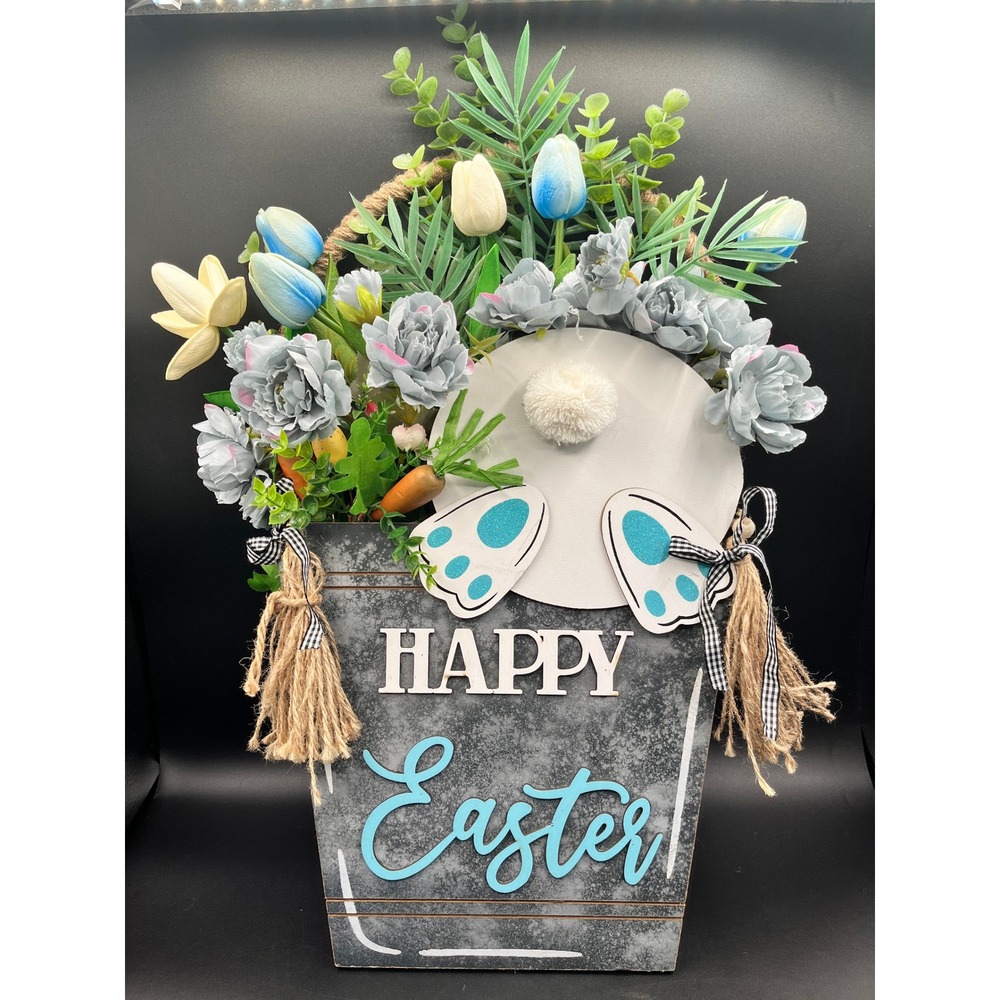 Happy Easter Bunny Bucket Wall Decor Floral Rustic 20.5" Wooden Wall-Hanging